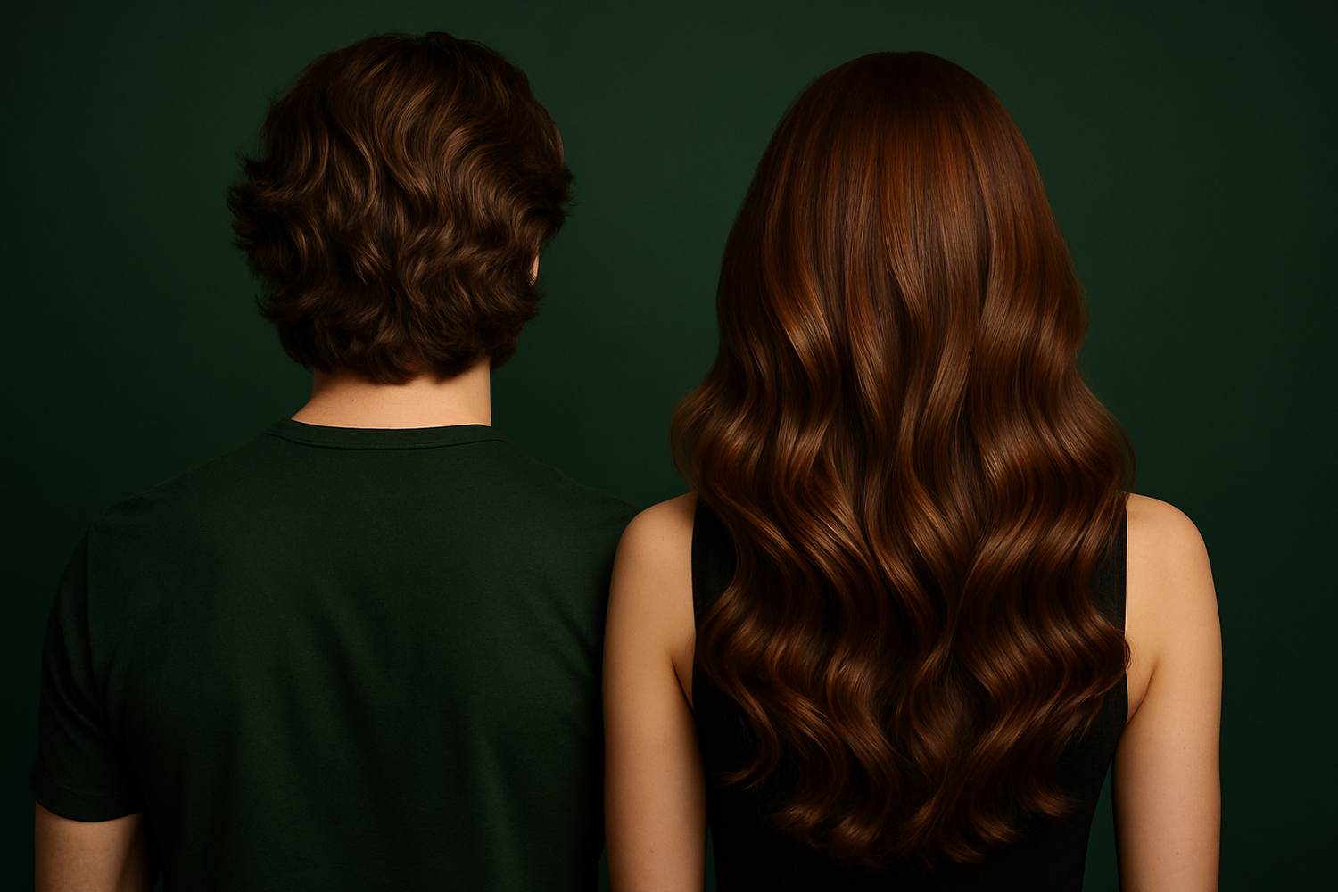 DARK GREEN BACKGROUND WITH A MALE AND WOMAN FROM THE BACK WITH AMAZING HAIR